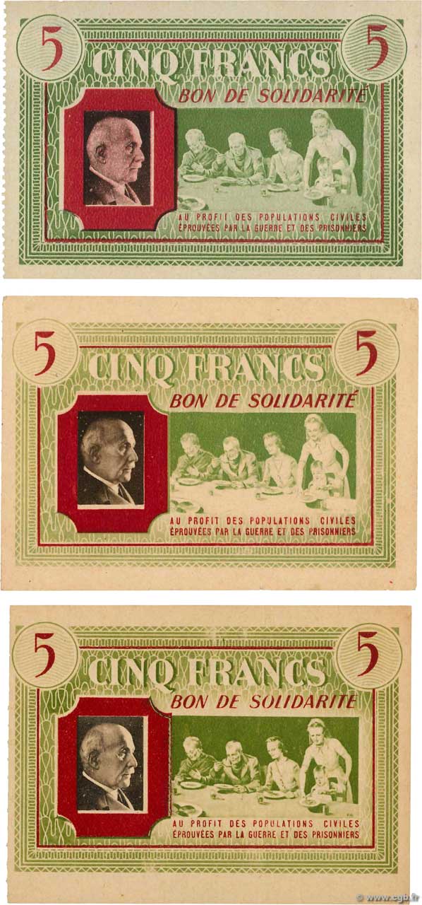 5 Francs BON DE SOLIDARITÉ Lot FRANCE regionalism and miscellaneous  1941 KL.05vars UNC-