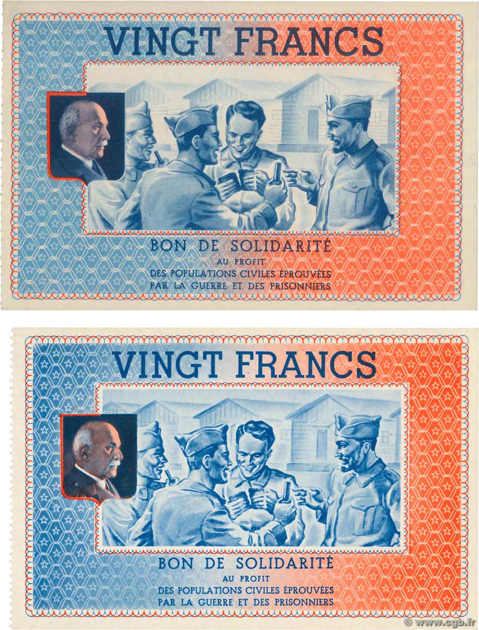 20 Francs BON DE SOLIDARITÉ Lot FRANCE regionalismo y varios  1941 KL.08vars SC+