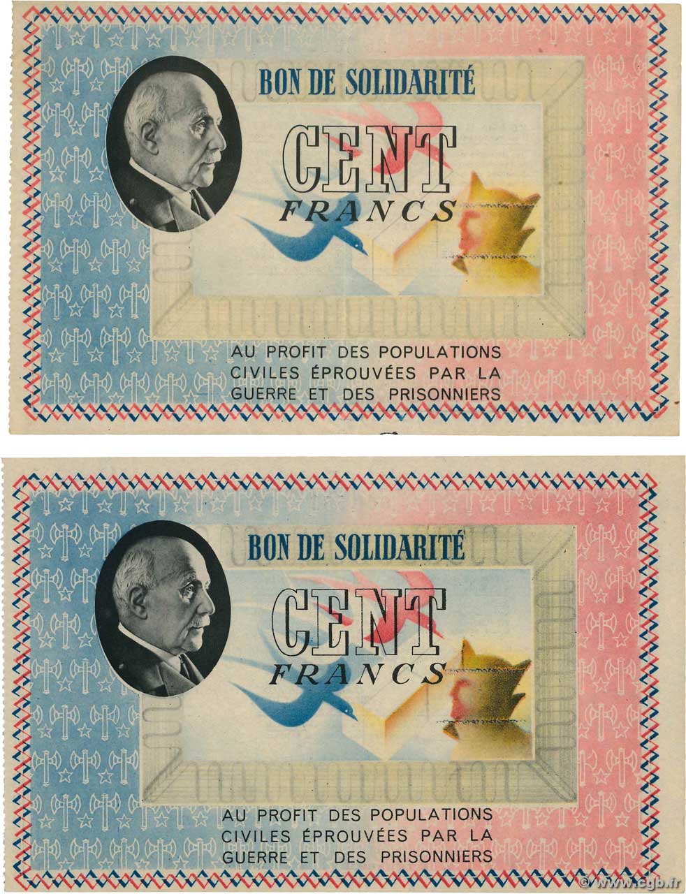 100 Francs BON DE SOLIDARITÉ Lot FRANCE regionalism and various  1941 KL.10vars UNC-