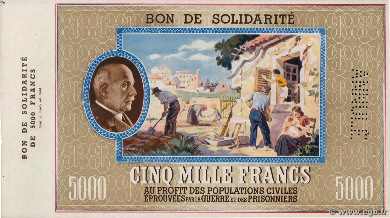 5000 Francs BON DE SOLIDARITÉ Annulé FRANCE Regionalismus und verschiedenen  1941 KL.13 fST+
