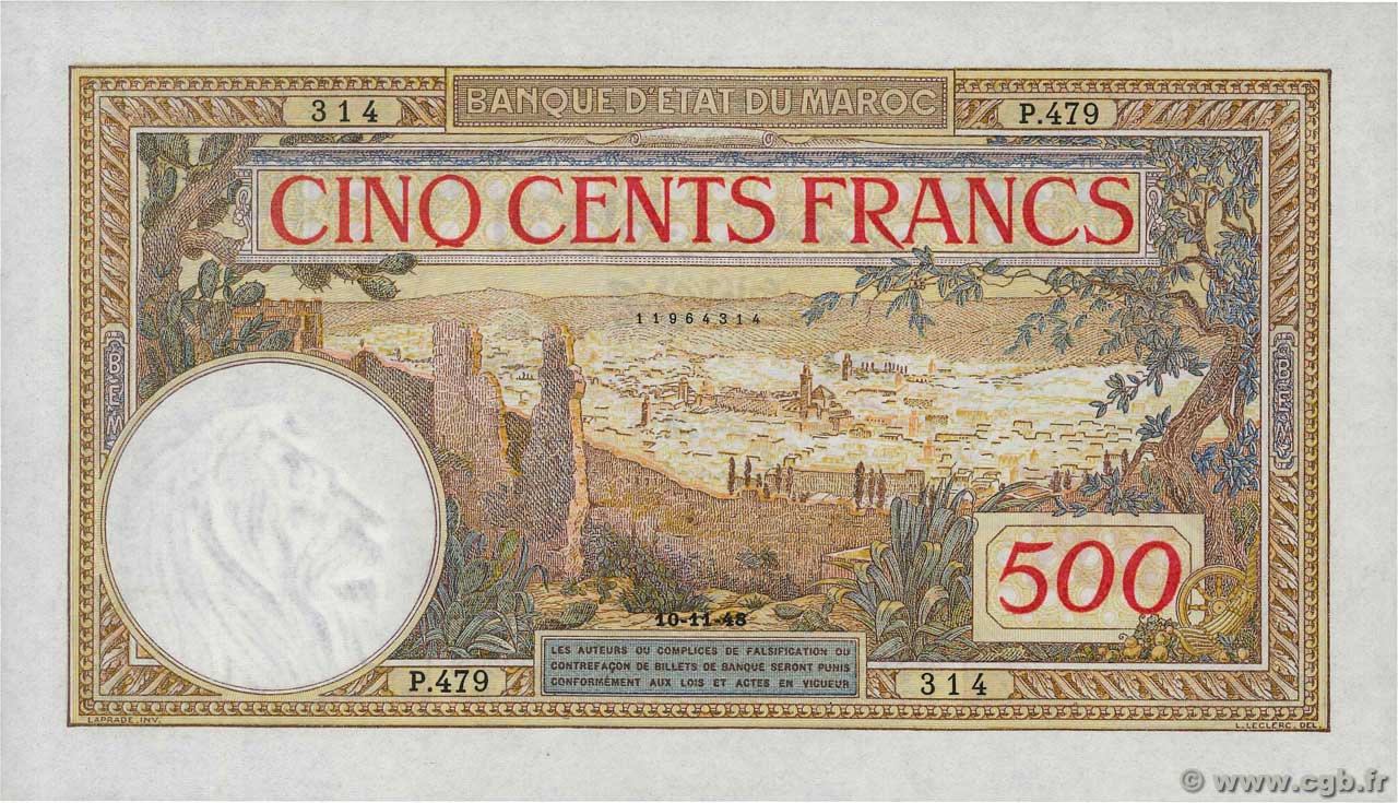 500 Francs MAROKKO  1948 P.15b fST+