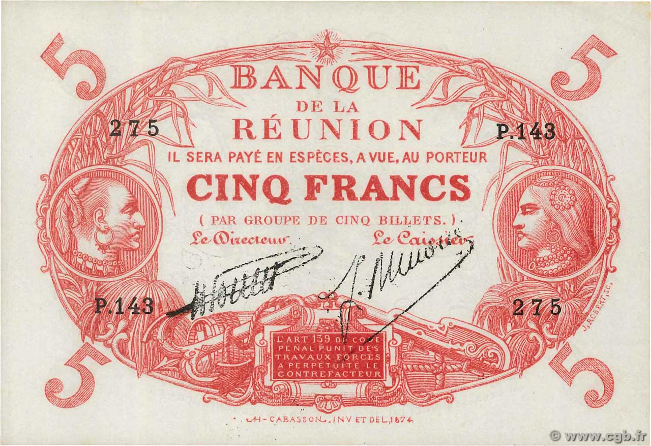 5 Francs Cabasson rouge REUNION ISLAND  1938 P.14 XF