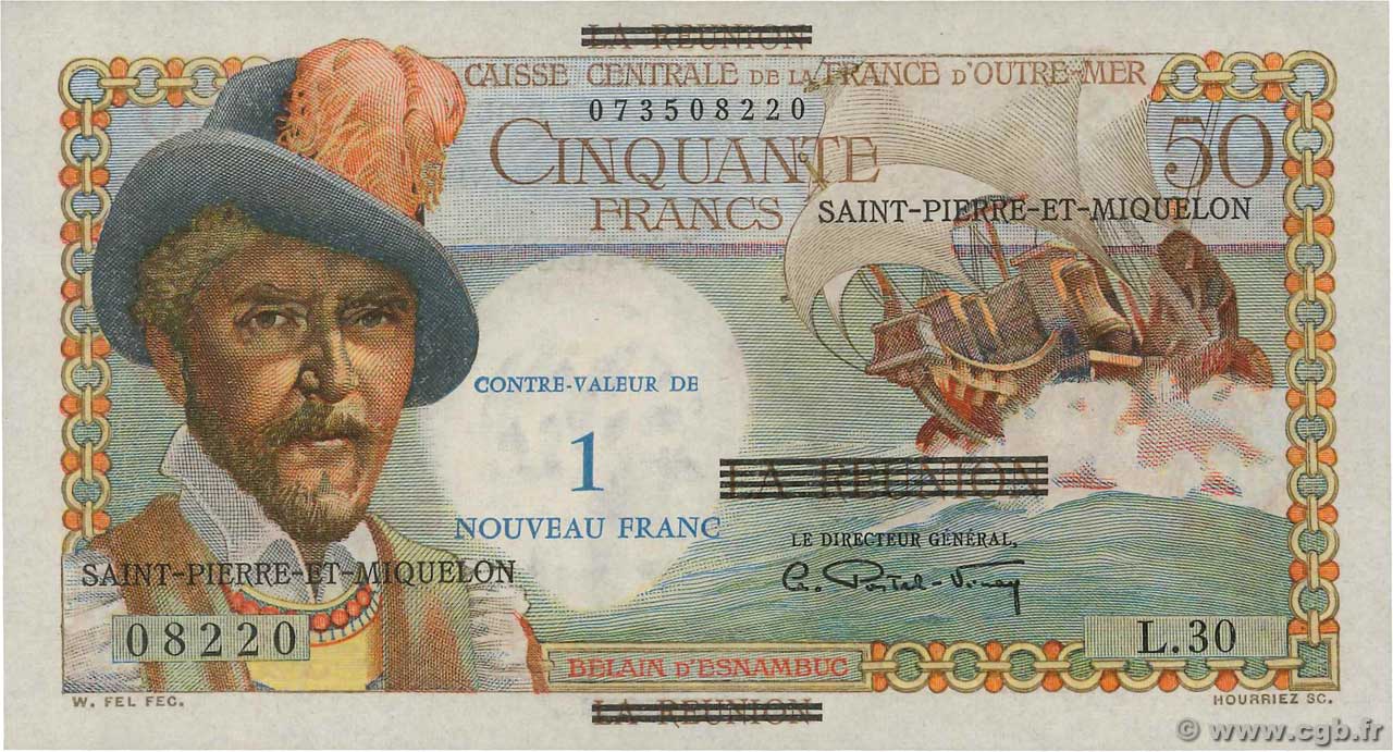 1 NF sur 50 Francs Belain d Esnambuc SAINT PIERRE E MIQUELON  1960 P.30b q.FDC