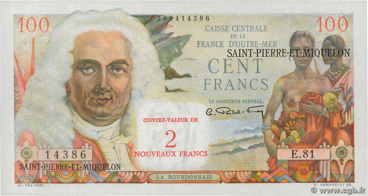 2 NF sur 100 Francs La Bourdonnais SAINT-PIERRE UND MIQUELON  1960 P.32 fST+