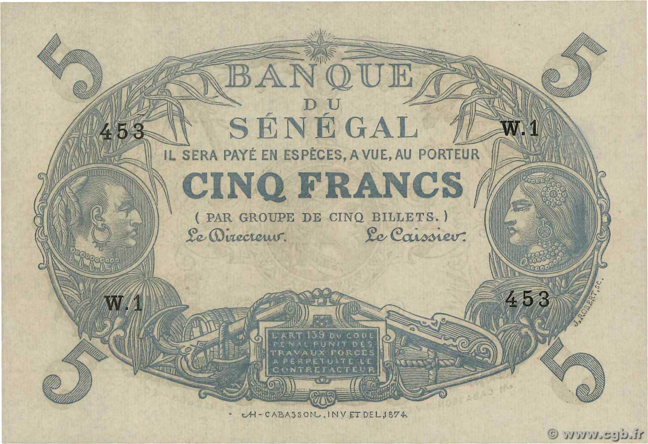 5 Francs Cabasson SÉNÉGAL  1874 P.A1 pr.NEUF