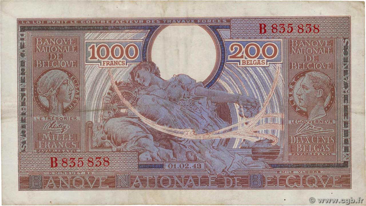 1000 Francs - 200 Belgas BELGIQUE  1943 P.125 TTB