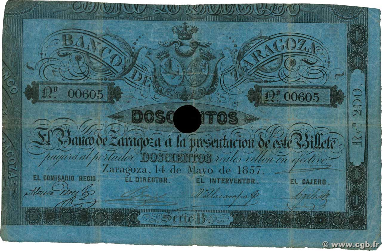 200 Reales De Vellon Annulé SPAIN Zaragoza 1857 PS.452b VG