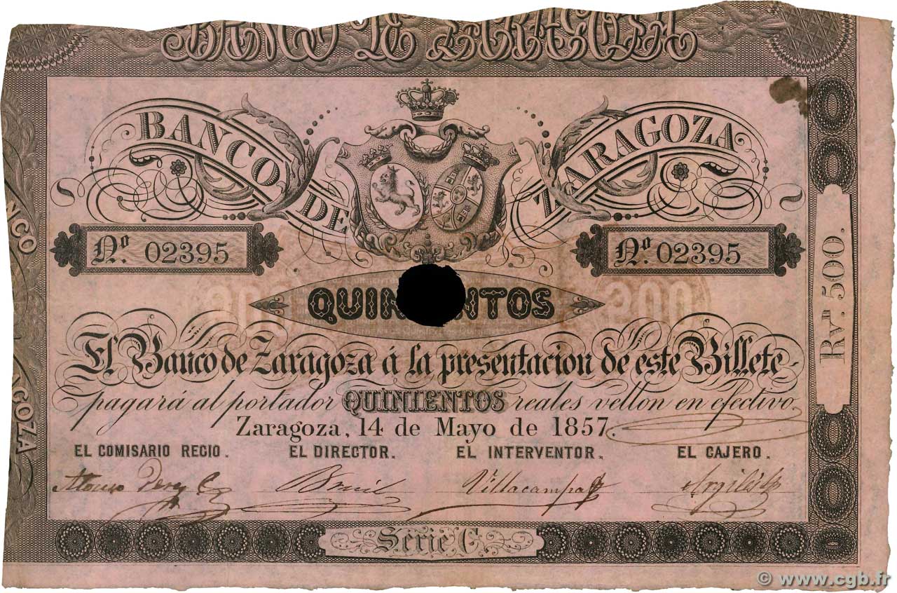 500 Reales De Vellon Annulé ESPAÑA Zaragoza 1857 PS.453b BC+