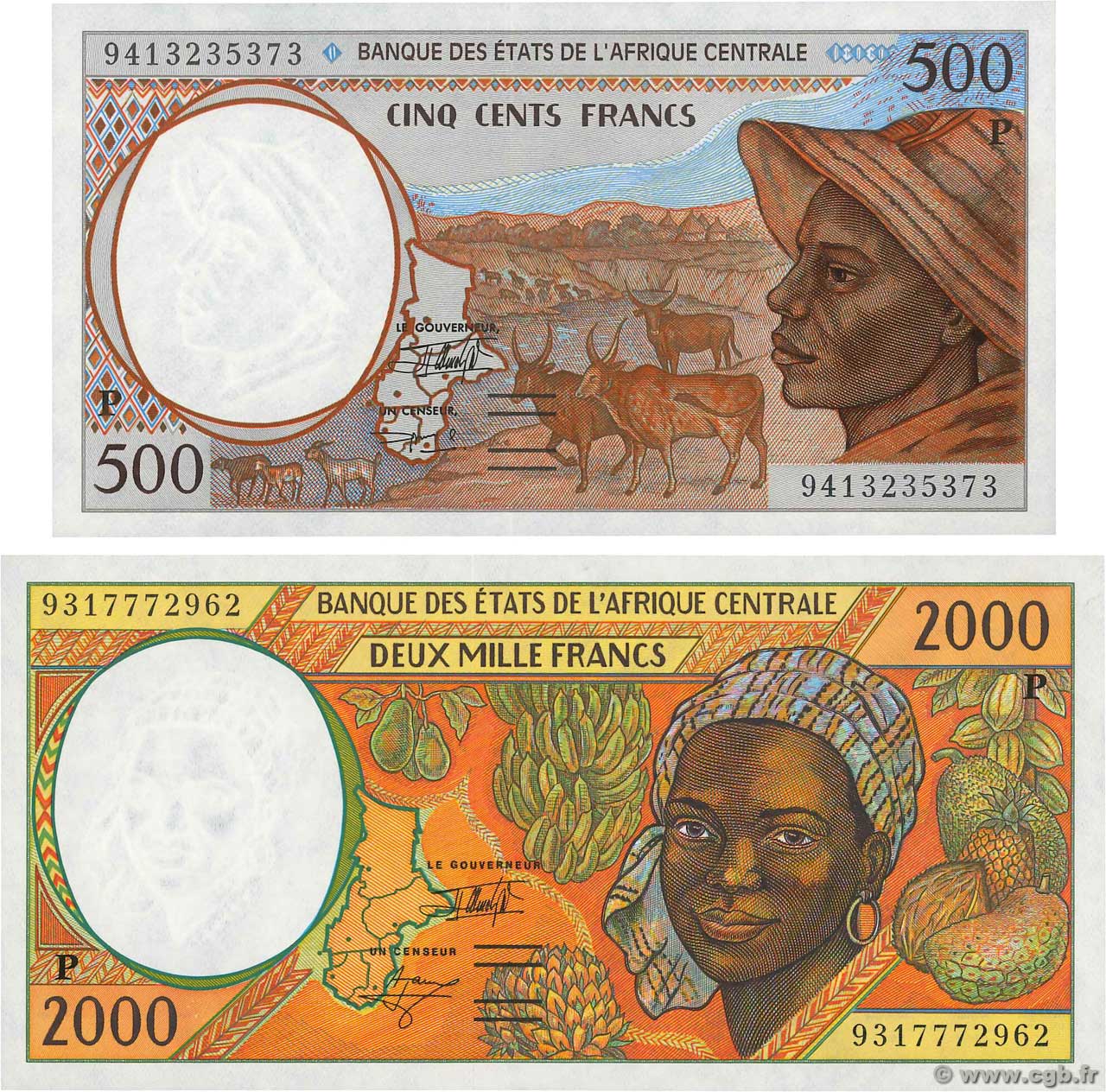 500 et 2000 Francs Lot ESTADOS DE ÁFRICA CENTRAL
  1993 P.601Pb et P.603Pd FDC