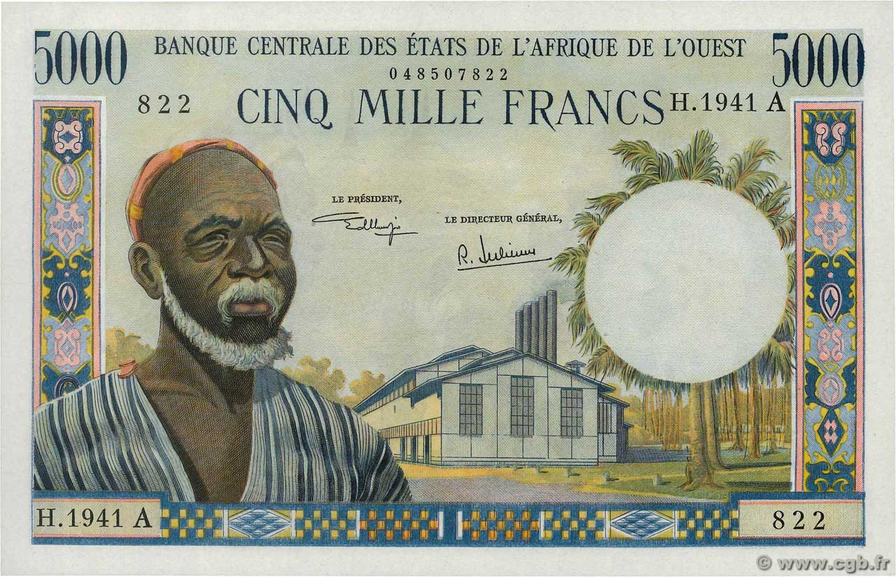 5000 Francs STATI AMERICANI AFRICANI  1975 P.104Ah q.FDC