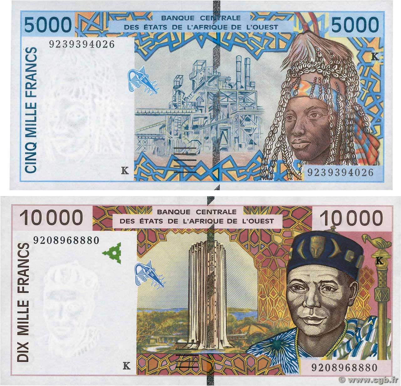 5000 et 10000 Francs Lot ESTADOS DEL OESTE AFRICANO  1992 P.713Ka et P.714Ka FDC