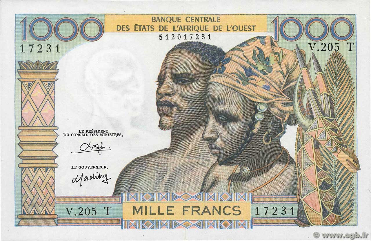 1000 Francs WEST AFRICAN STATES  1977 P.803To XF+