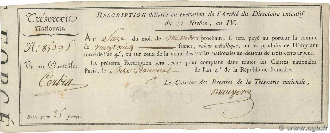 25 Francs FRANKREICH  1796 Ass.53a fVZ