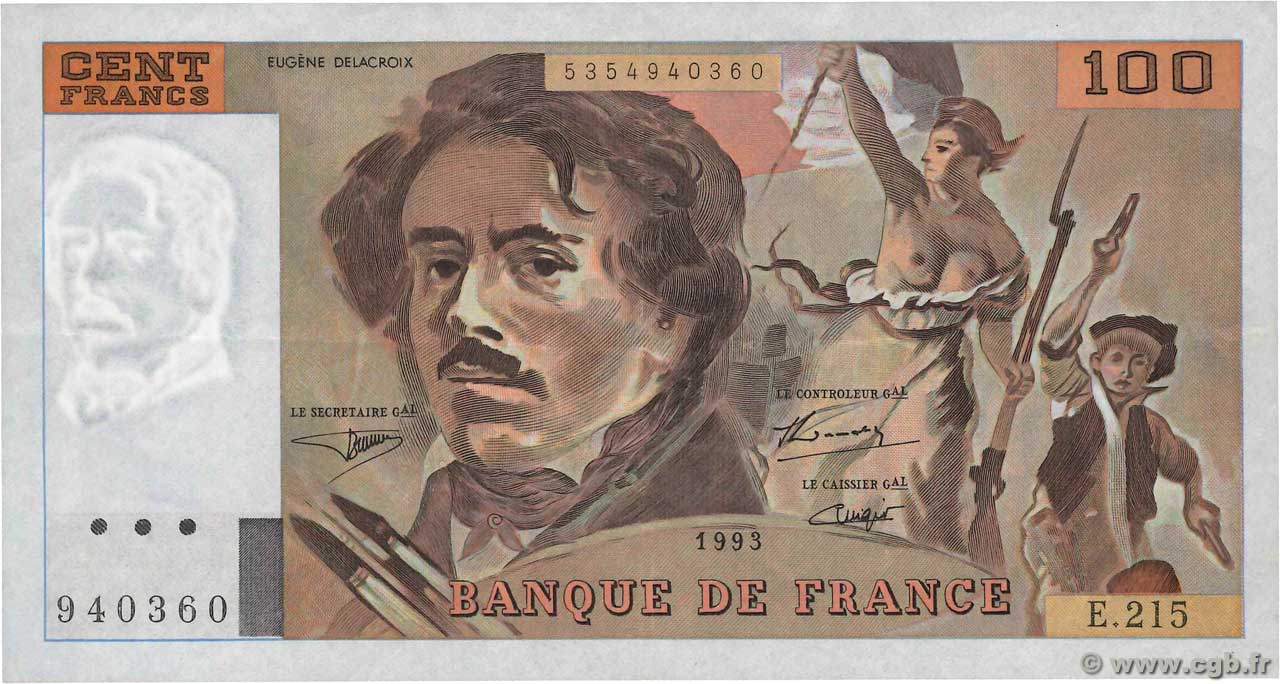 100 Francs DELACROIX imprimé en continu FRANCE  1993 F.69bis.06b215 SUP