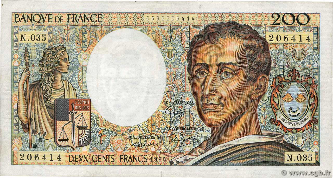 200 Francs MONTESQUIEU Fauté FRANCE  1985 F.70.05 VF