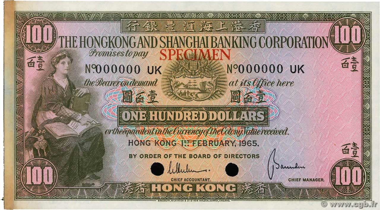100 Dollars Essai HONGKONG  1965 P.183cts fST