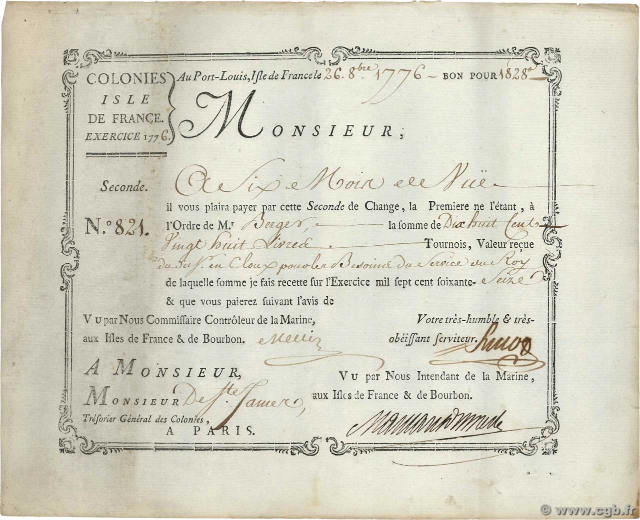 1828 Livres MAURITIUS Port Louis 1776 MK.52var1 fVZ