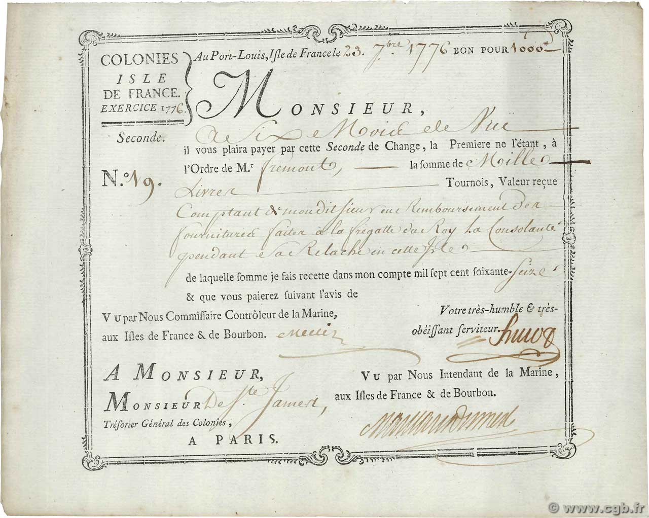 1000 Livres MAURITIUS Port Louis 1776 MK.52var2 VF+