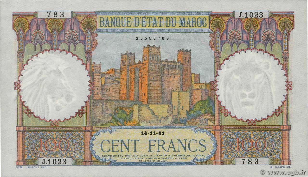 100 Francs MARUECOS  1941 P.20 FDC