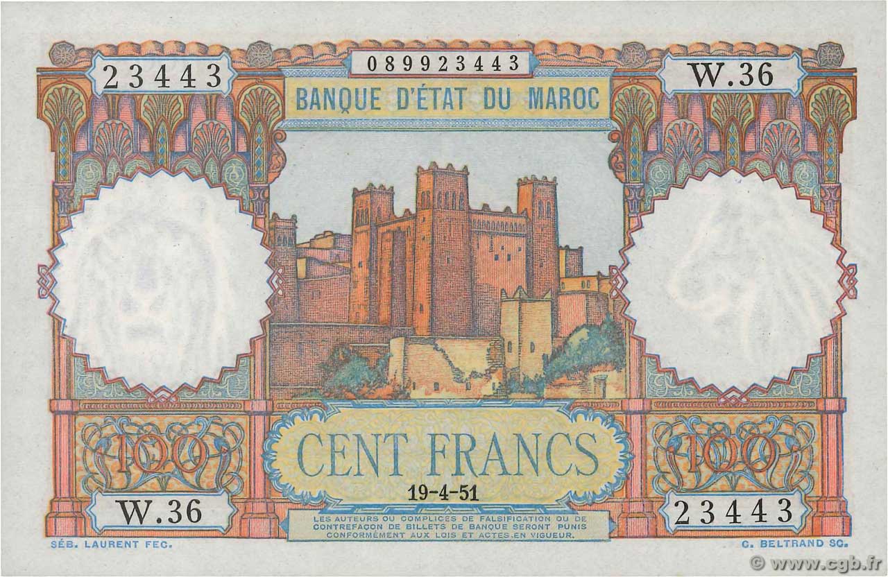 100 Francs MAROKKO  1951 P.45 ST