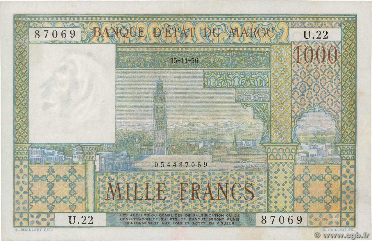 1000 Francs MAROKKO  1956 P.47 VZ