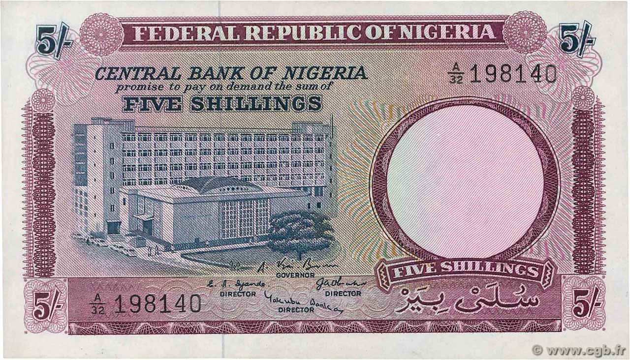 5 Shillings NIGERIA  1967 P.06 UNC-