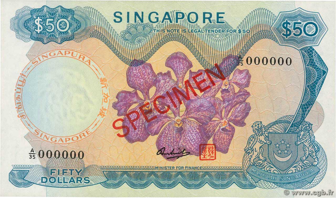 50 Dollars Spécimen SINGAPUR  1967 P.05s FDC