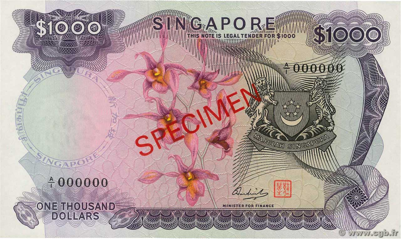 1000 Dollars Spécimen SINGAPUR  1967 P.08s fST+
