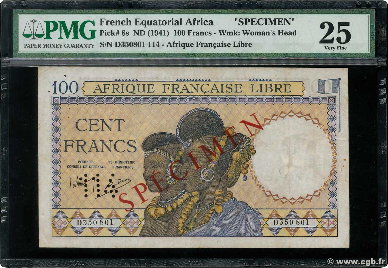 100 Francs Spécimen AFRIQUE ÉQUATORIALE FRANÇAISE Brazzaville 1941 P.08s SS