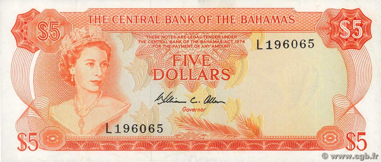 5 Dollars BAHAMAS  1974 P.37b SC