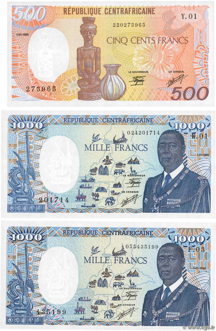 500 et 1000 Francs Lot REPúBLICA CENTROAFRICANA  1985 P.14a, P.15 et P.16 SC+