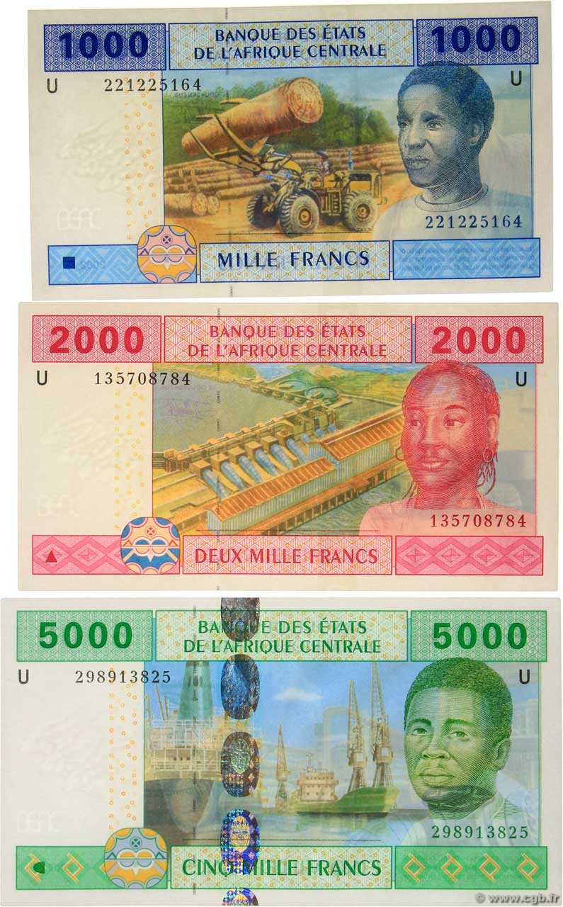 1000, 2000 et 5000 Francs Lot STATI DI L  AFRICA CENTRALE  2002 P.207U, P.208U et P.209U FDC