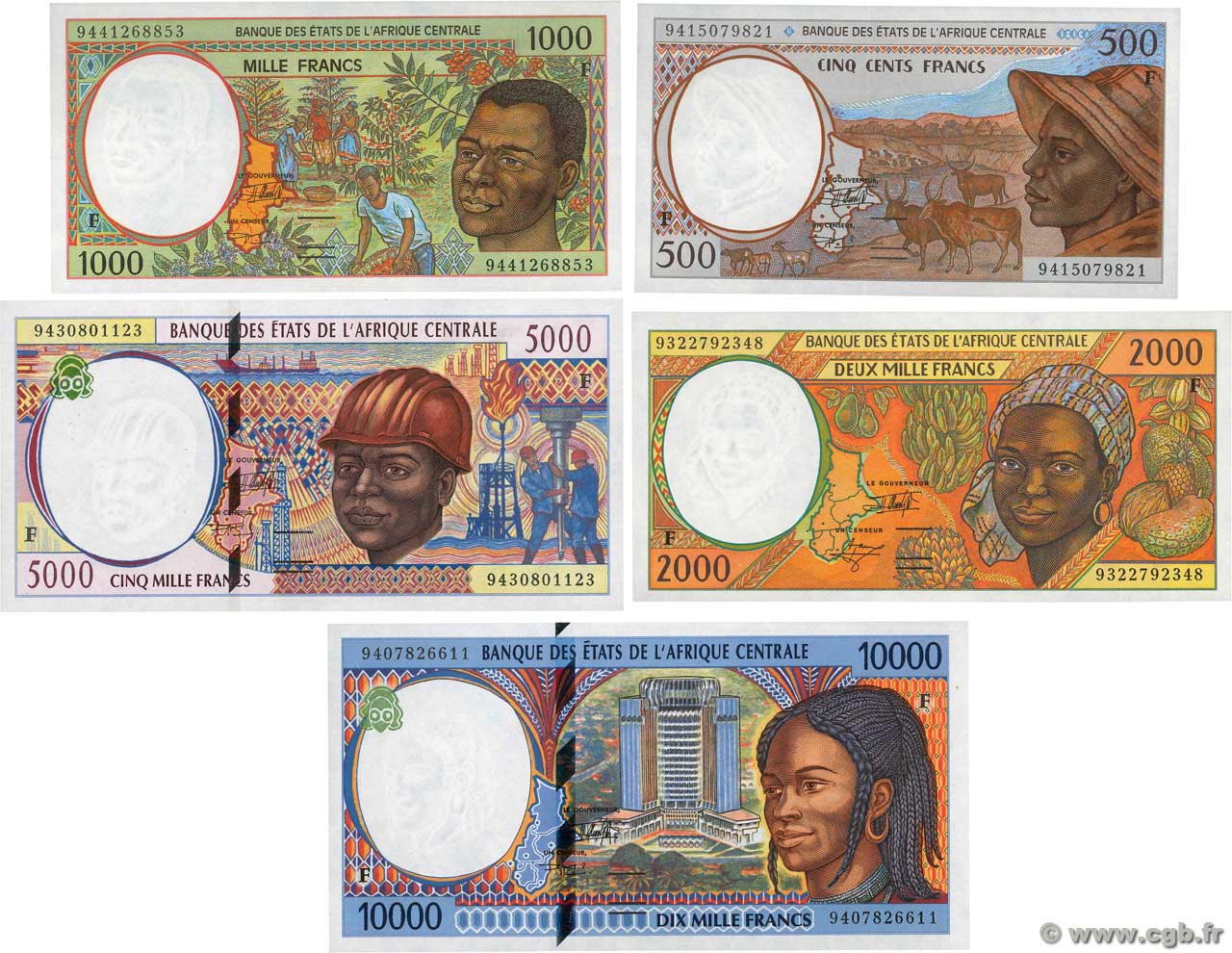 500 au 10000 Francs Lot CENTRAL AFRICAN STATES  1994 P.301Fb au P.305Fa UNC-
