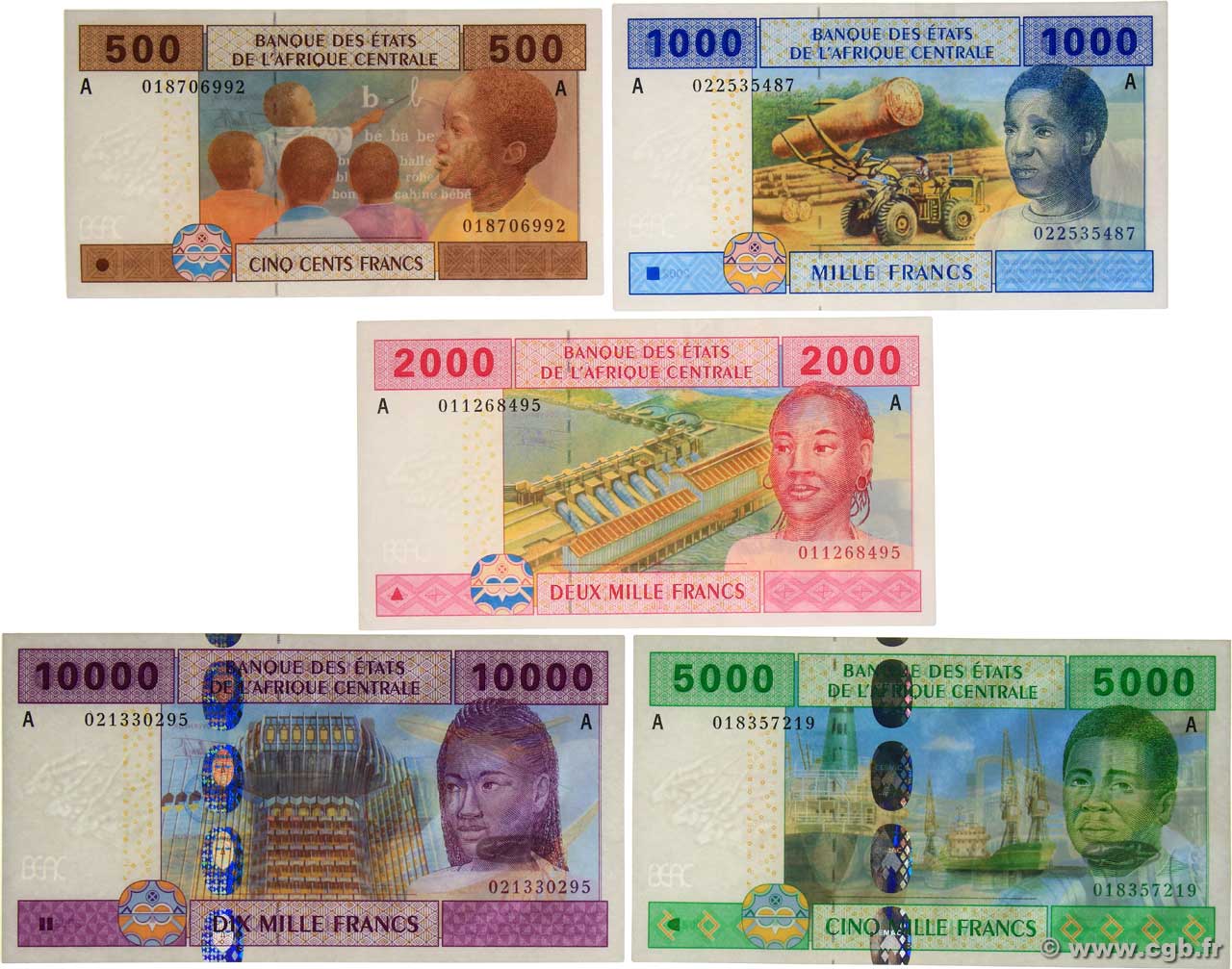 500 au 10000 Francs Lot ÉTATS DE L AFRIQUE CENTRALE  2002 P.406Aa au P.410Aa pr.NEUF