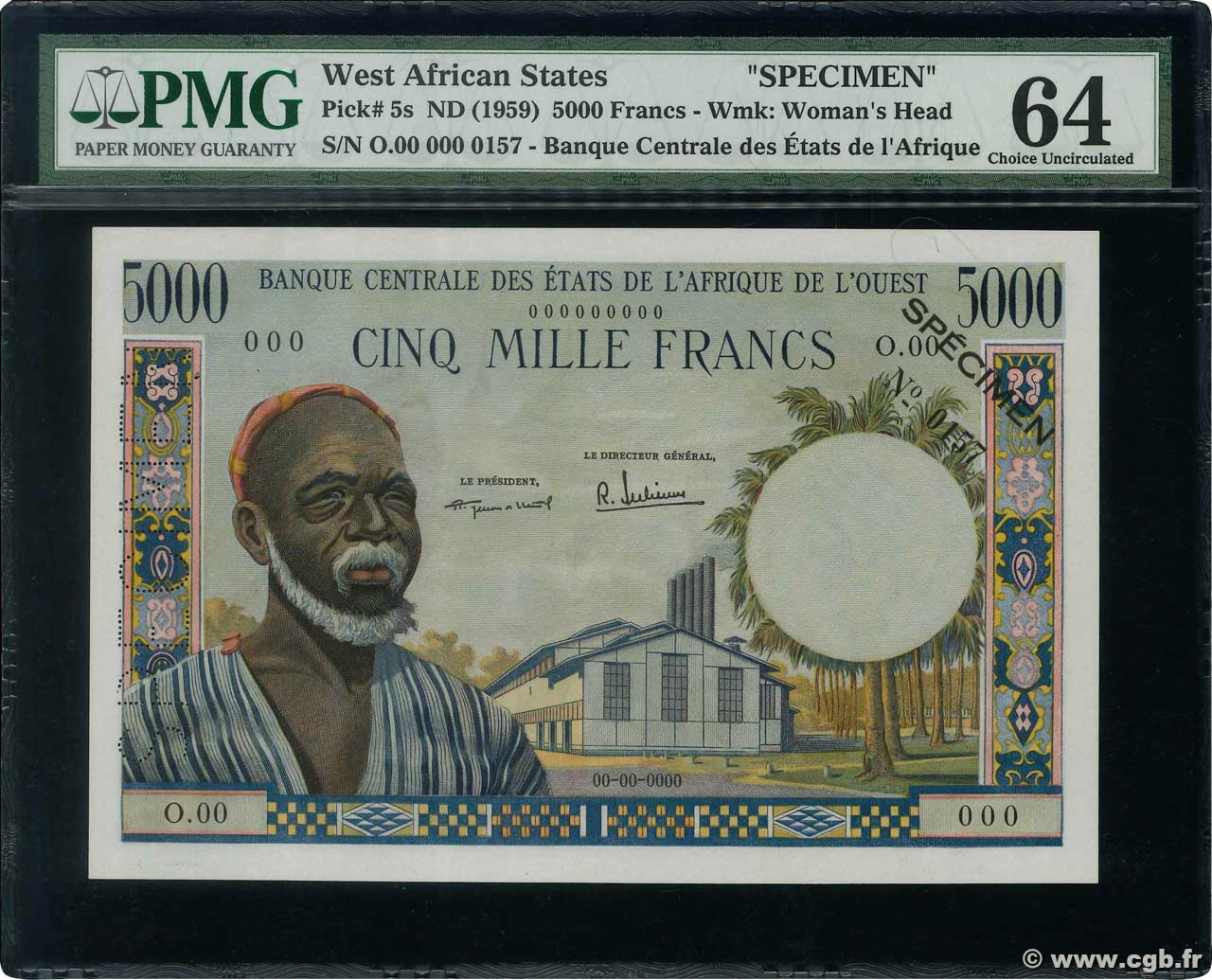 5000 Francs Spécimen ESTADOS DEL OESTE AFRICANO  1964 P.005s SC