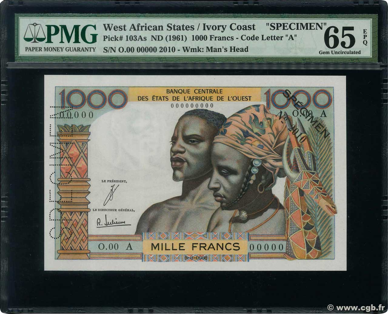 1000 Francs Spécimen ÉTATS DE L AFRIQUE DE L OUEST  1965 P.103Ads NEUF