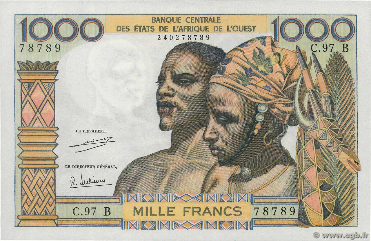 1000 Francs STATI AMERICANI AFRICANI  1965 P.203Bi q.FDC