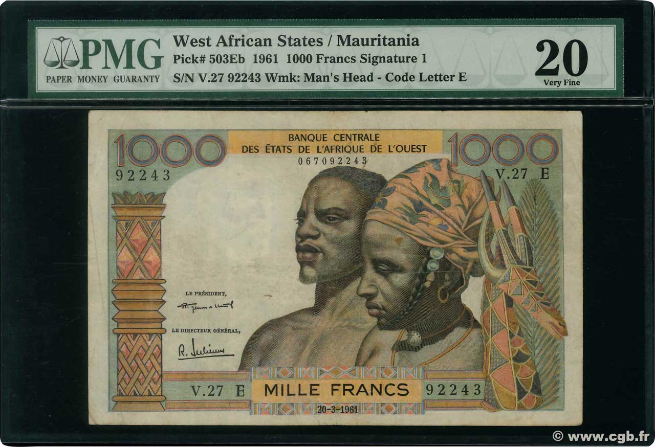 1000 Francs ESTADOS DEL OESTE AFRICANO  1961 P.503Eb BC