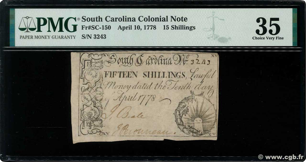 15 Shillings UNITED STATES OF AMERICA  1778 PS.3285 VF