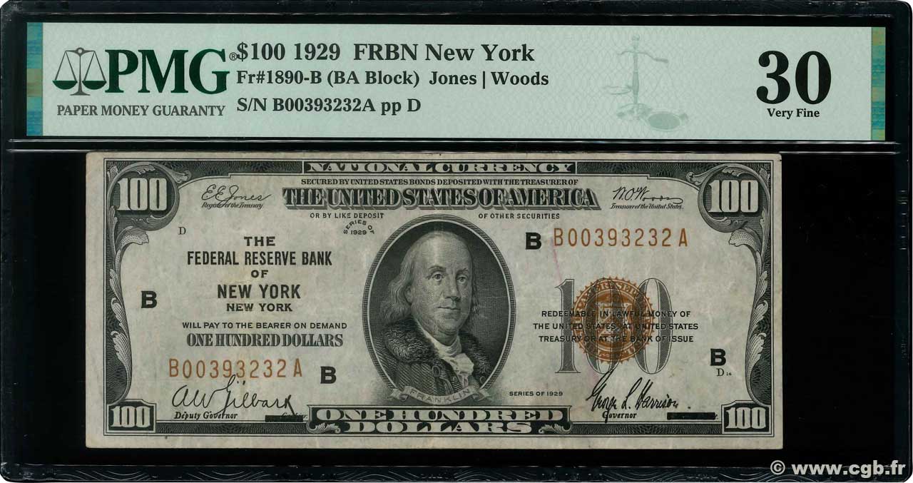 100 Dollars VEREINIGTE STAATEN VON AMERIKA New York 1929 P.399B SS