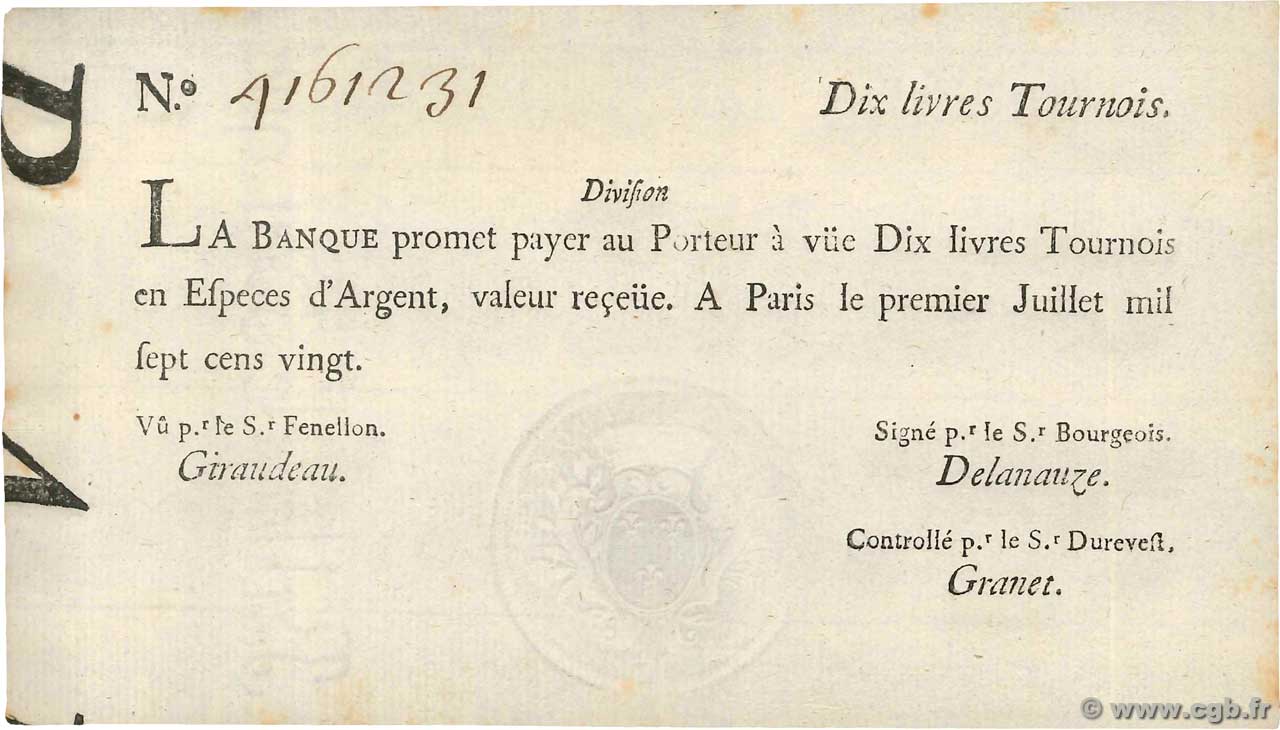 10 Livres Tournois typographié FRANCE  1720 Dor.22 AU+