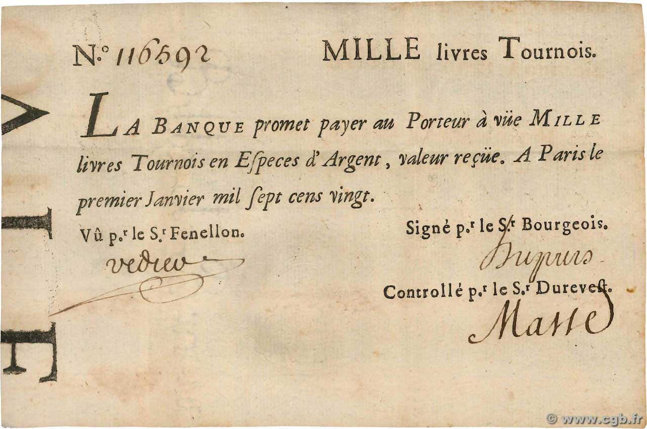 1000 Livres Tournois typographié Faux FRANCE  1720 Dor.29 XF