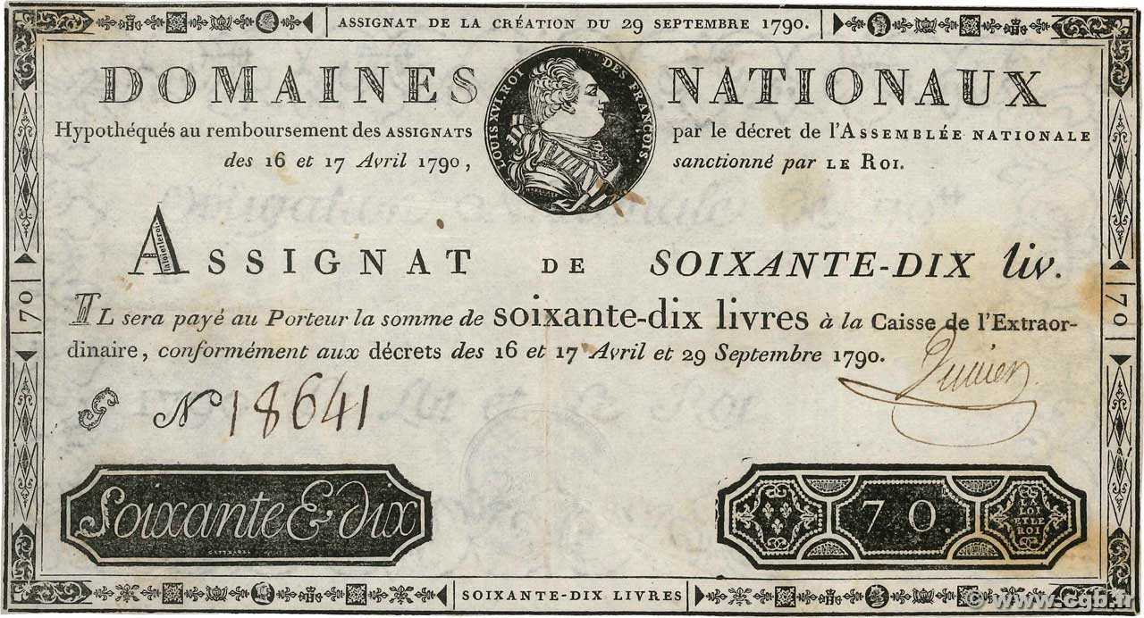 70 Livres FRANKREICH  1790 Ass.06a SS