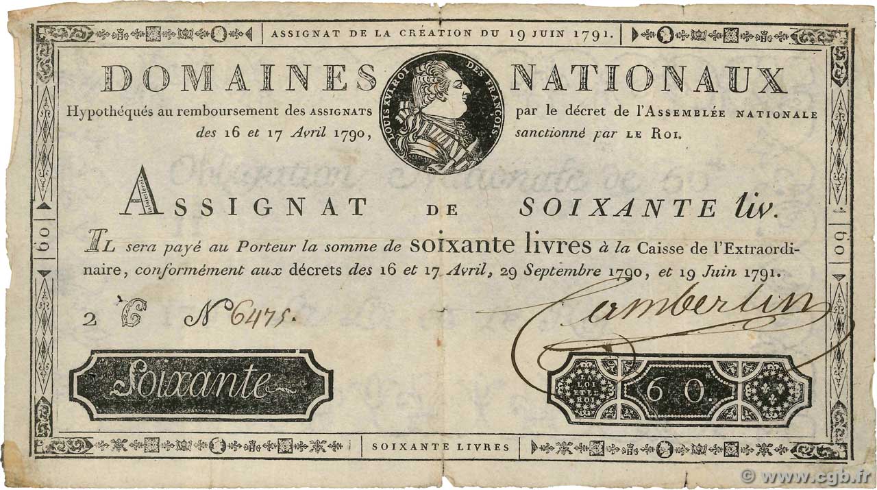 60 Livres FRANCE  1791 Ass.14a VG