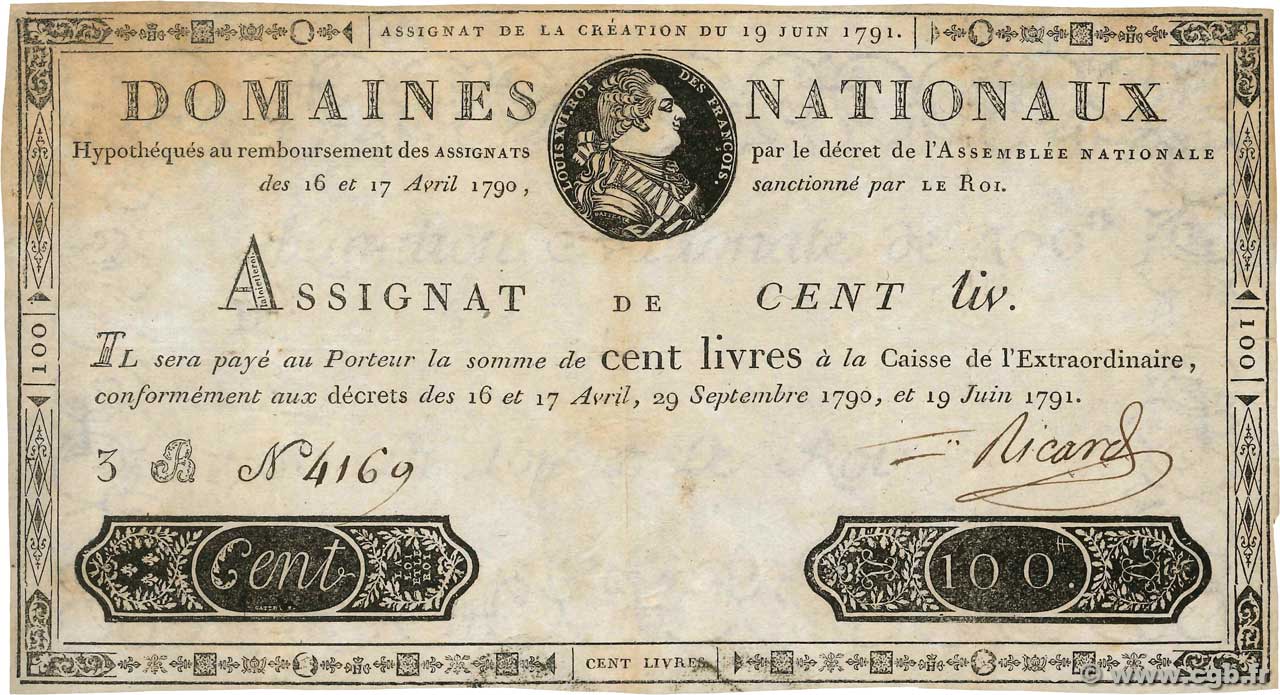 100 Livres FRANCE  1791 Ass.15a VF