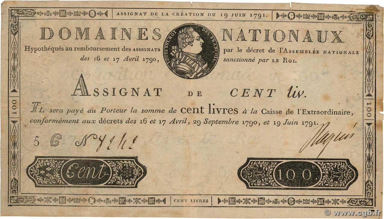 100 Livres FRANCE  1791 Ass.15a TB