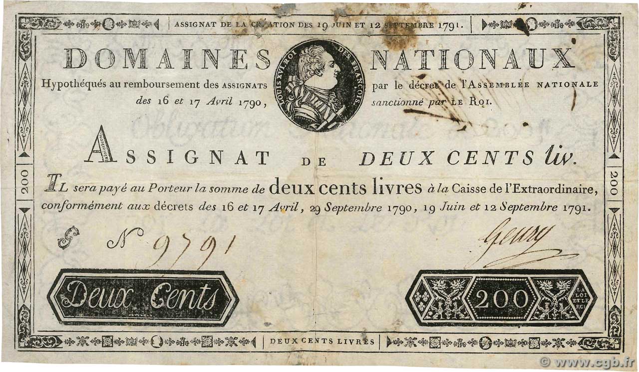 200 Livres FRANCE  1791 Ass.17a VF