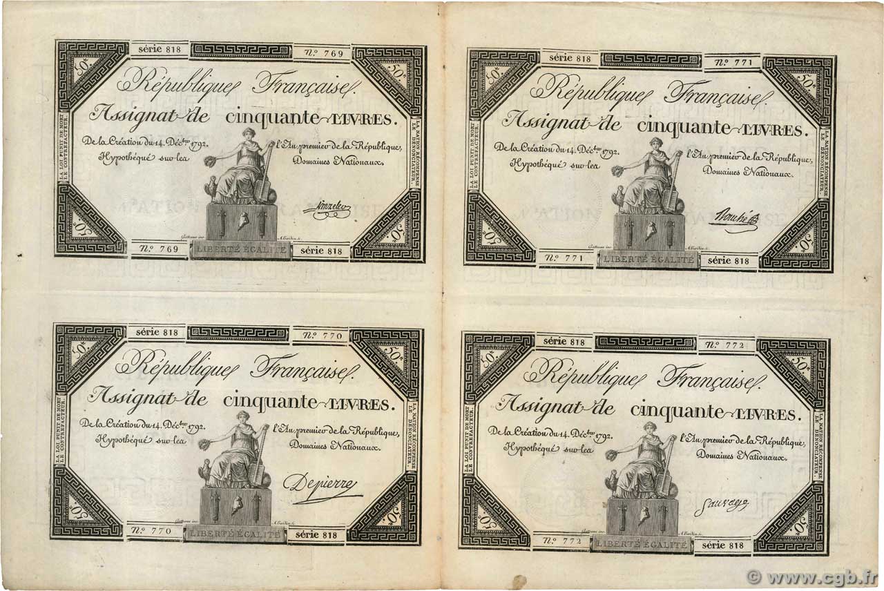 50 Livres Planche FRANCIA  1792 Ass.39a-p MBC+