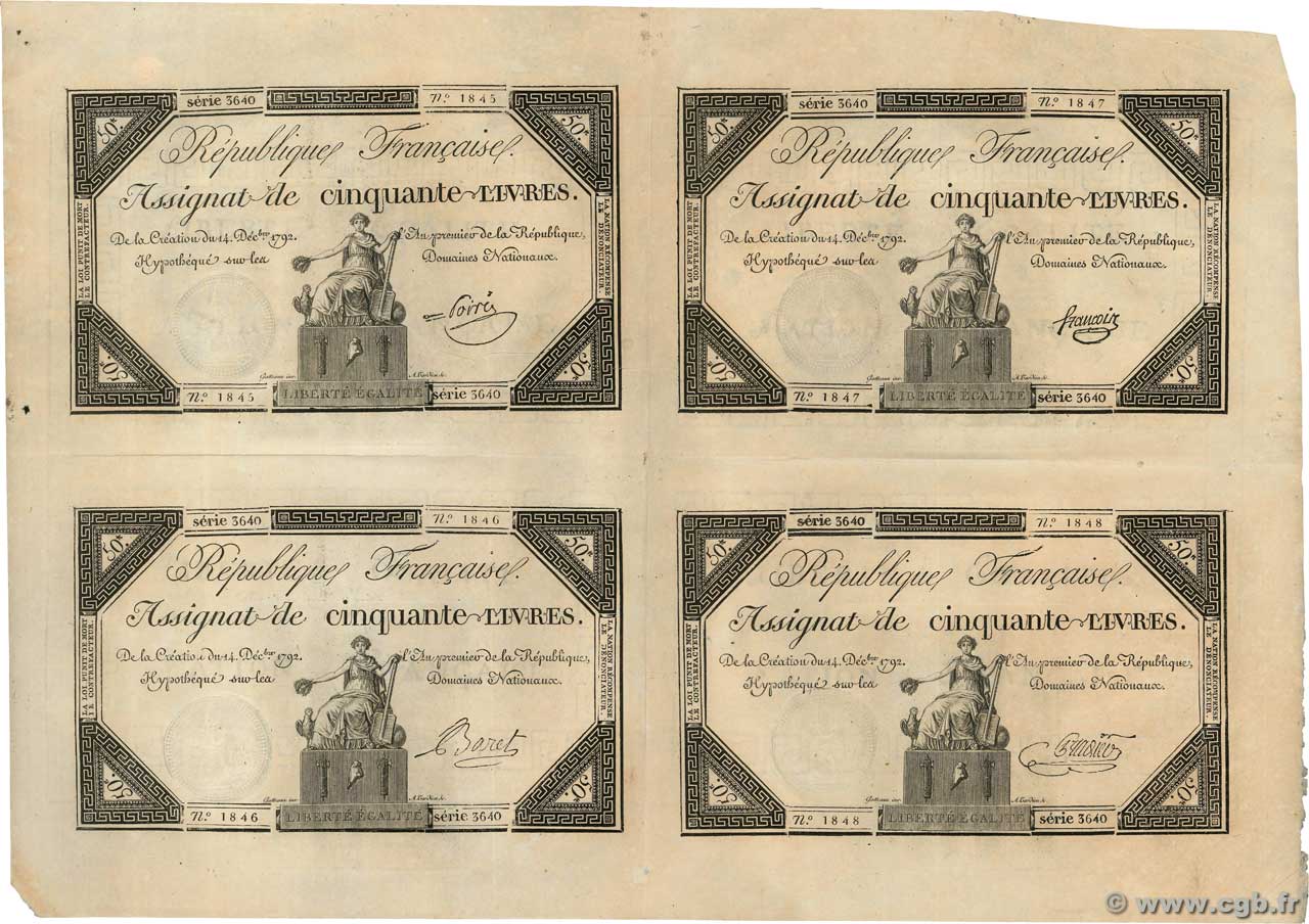 50 Livres Planche FRANCE  1792 Ass.39a-p VF+