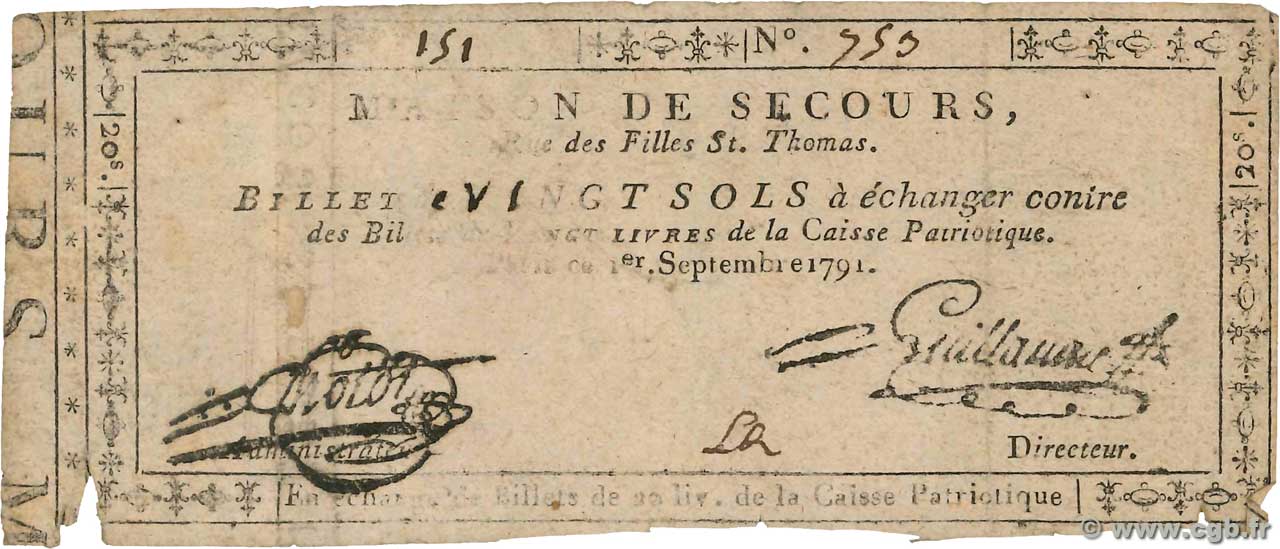 20 Sols  FRANCE regionalism and miscellaneous Paris 1791  VG
